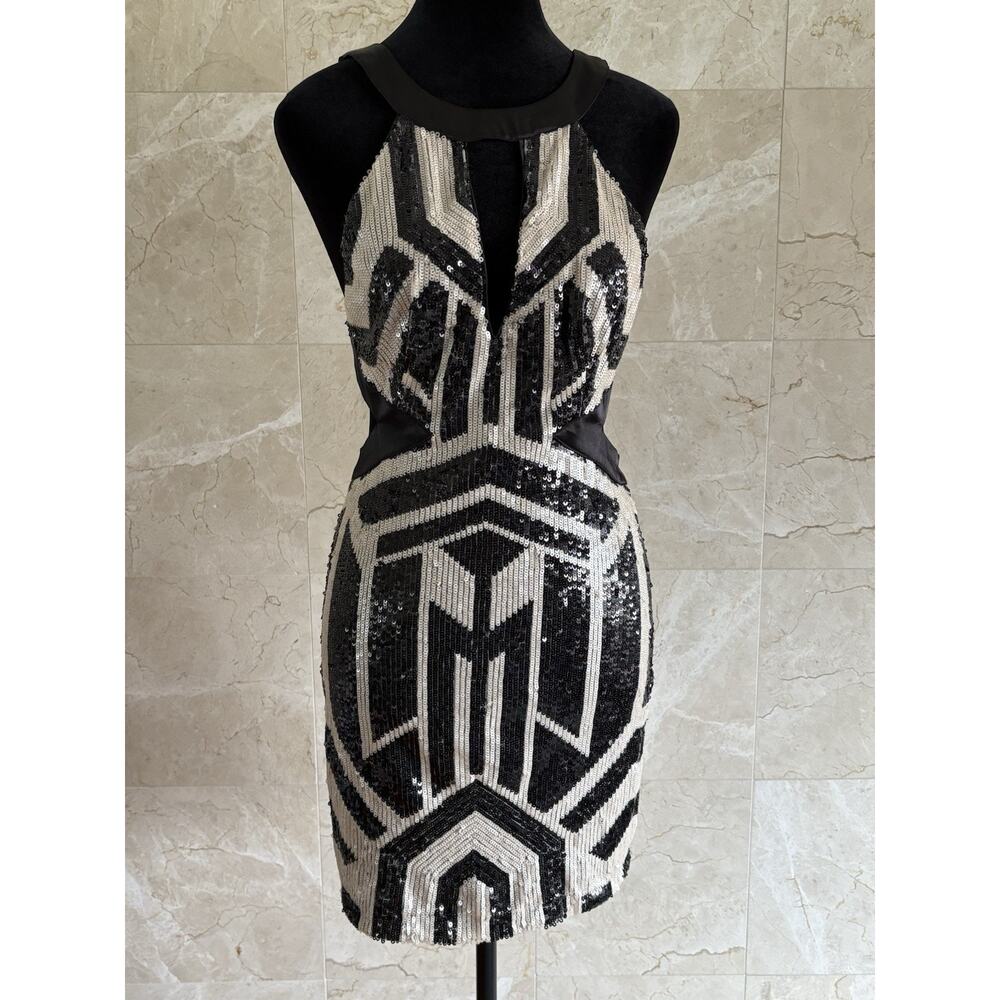 Vintage Y2K Bebe Geo Sequin Cutout Mini Dress - Small Black Cream Party Clubwear
